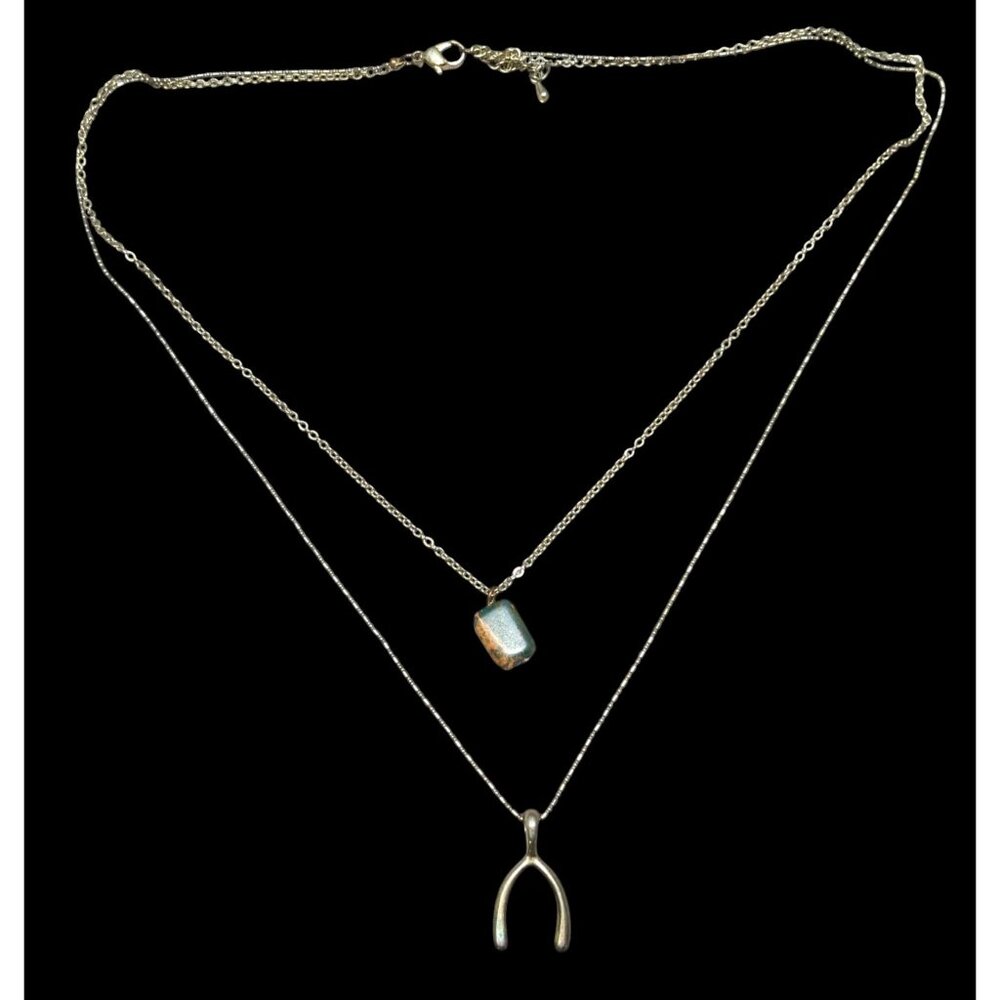 Layered Lucky Wishbone And Picture Jasper Dual Pendant Necklace